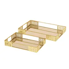 COLETTE - Set De Bandejas Decorativas Rectangulares Doradas Con Espejo Rubí