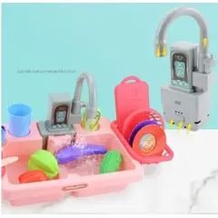 GENERICO - Juego de Lavavajillas con Salida de Agua real para niños 19 pcs color rosado