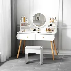 MOVI - TOCADOR O MESA DE MAQUILLAJE Y PEINADO CON LUZ LED, 2 CAJONES Y ASIENTO