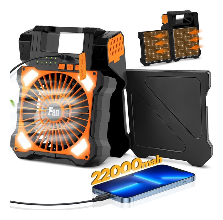 Ventilador De Camping Portatil Recargable Solar Luz Con Luz
