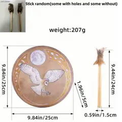 GANGLIAN - Tambor Chamánico 25cm Artesanal Diseño Búho - Decoración Hogar Bodas y Eventos