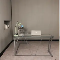 AGUILA - Escritorio Moderno Prisma en L con Vidrio Templado y Estructura Metálica - Gris Plateado