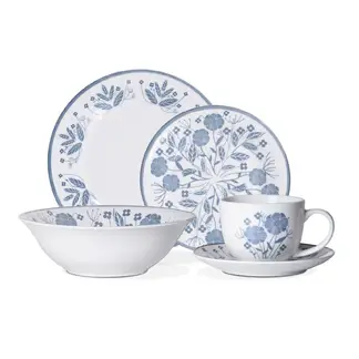 HALLEN - Juego de Vajilla 30 Piezas Porcelana - Decorado Floral Azul Hannah