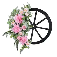 GANGLIAN - Corona Rueda Negra 43cm Flores Rosas - Decoración Rústica para Pared Jardín y Puerta