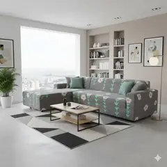GENERICO - FUNDA ELASTIZADA PARA SILLON TIPO L DISEÑO GRIS FLOR BLANCA 2 PIEZA 3 + 2 CUERPO