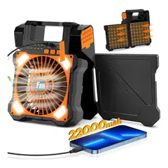 EVERSO - Ventilador De Camping Portátil Solar Recargable Con Luz Led Naranja