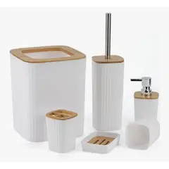OKAY - Set 6 Completo Baño Bambu Plastico Cesto Dispenser Escobilla