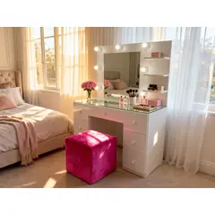 GENERICO - Tocador Hollywood Grande Roma con Espejo Luces y Puff Melamina Premium