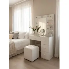 GENERICO - Tocador Hollywood Mediano Sydney con Espejo, Luces y puff – 4 Gavetas