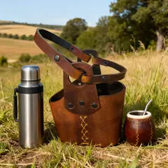 GENERICO - CANASTO MATERO 100% CUERO CAFE 2 COMPARTIMIENTOS