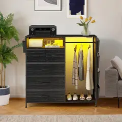 GENERICO - Armario de Dormitorio con 5 Cajones, Bolsillos Laterales, Estación de Carga y luz LED Negro