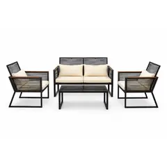 SPACE HOME - Set Exterior Negro 4 Piezas con Sofá, Sillas y Mesa Vidrio
