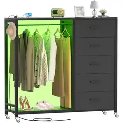 GENERICO - Comoda Cajonera con Perchero, 5 Cajones con Estación de Carga y LED, Almacenamiento Ruedas Negro