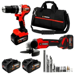 LERNEN - Pack Esmeril Inalámbrico 125 MM + Taladro Percutor Brushless + 2 Baterías + Accesorios