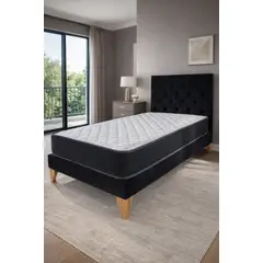 GENERICO - Set Cama 1 Plaza Con Colchón híbrido + Box Tapizado + Respaldo Capitone Negro
