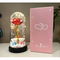 GENERICO - Rosa Eterna Encantada con Ositos y Luz LED - Regalo Romántico