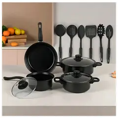 IRM - Ollas Antiadherente Juego De Ollas + Utensilios 13 Pcs Color Negro