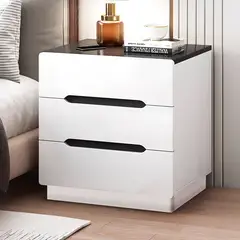 ROHE - Velador Moderno de 3 Cajones con Tiradores Ocultos 40x40x60 Blanco Negro