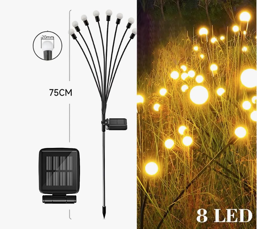 8 Luces Solares Led Impermeables Para Césped Tipo Luciérnaga Negro