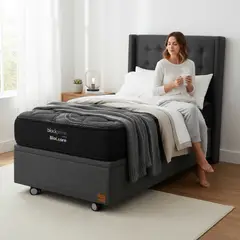 BLOCCARE - Cama Baul 1.5 Plaza L190 cm + Colchon Black Prime - Modelo Uno + Respaldo / Rueda Logo(Gris)