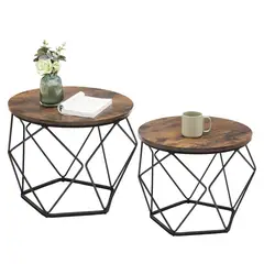 WUWAWDOGA - Set 2 Mesas Centro Helsinki Base Hexagonal Estilo Industrial 50+40cm Chocolate