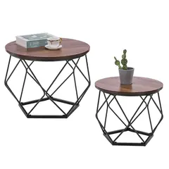WUWAWDOGA - Set 2 Mesas Centro Helsinki Base Hexagonal Estilo Industrial 50+40cm Marrón