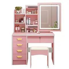 WUWAWDOGA - Tocador Madera Con Espejo Luz Melamina Rosa 80x34x130cm