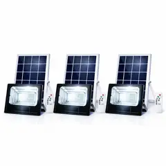 GENERICO - Pack 3 Lampara Foco Solar 120 Led 100w + Panel Solar Control Remoto Carcasa Negro A Luz Blanco frío