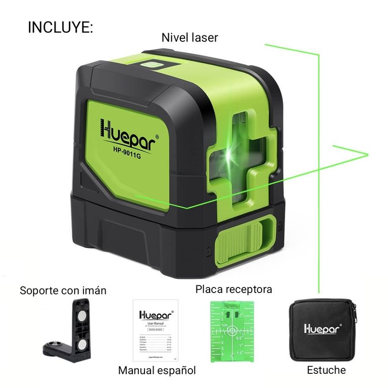 Nivel laser Huepar, 2 Líneas verdes en cruz, Autonivelante. 25 metros. Huepar 9011g