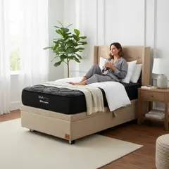 BLOCCARE - Cama Baul 1 Plaza L200 cm + Colchon Black Prime - Modelo Uno + Respaldo / Rueda Logo (Beige)