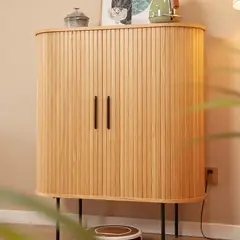 BROOKMAN - Buffet Alto Oslo madera de roble con puerta corredera Natural y patas metálicas 100 × 40 × 118 cm.