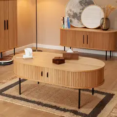 BROOKMAN - Mesa De Centro Oslo Puerta De Corredera Madera Color Natural 120 × 60 × 45 cm