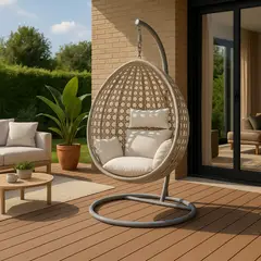 SPACE HOME - Reposera Colgante Ovalada Gris Tipo Rattan con Cojín Suave 196 × 110 × 105 cm