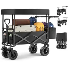 KUANGYE - Carrito Plegable Portátil y Carriola para Exteriores hasta 70 Kg, Ruedas 360° Toldo y Cesta de Tela