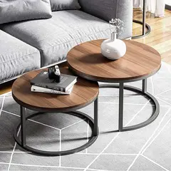 UENMI - Juego Mesa De Centro Lateral Living Redonda Doble Madera