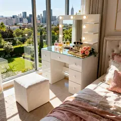 GENERICO - Tocador Hollywood Grande París con Espejo, Luces y Puff – 7 Gavetas – Melamina Premium