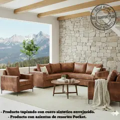 SITIAL HOME - Living 311 jack Cafe cuero sintetico envejecido Seccional + 2 Poltronas con Resortes