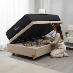 BLOCCARE - Cama Baul 1 Plaza L200 cm + Colchon Black Prime - Modelo Uno / Rueda Logo (Beige)