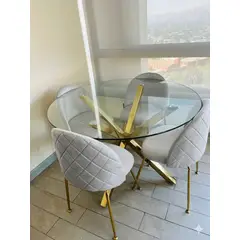GENERICO - JUEGO DE COMEDOR 100CM + SILLAS FELPA BASE DORADA