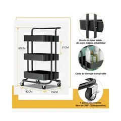 GENERICO - Carrito Organizador Carro Con Ruedas Asa Estante 3 Niveles Color Negro