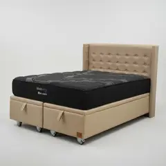 BLOCCARE - Cama Baul King L200cm con Respaldo + Colchon Black Prime - Modelo Uno Rueda Deluxe Beige