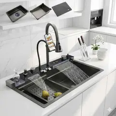 GREENPRO - Lavaplatos Fregadero Digital 7 Modos Acero Inoxidable Lavavasos Termómetro Escurridor