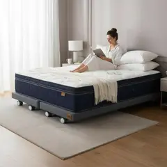 BLOCCARE - Cama Full Div. Box 8 cm + Colchon CIC L200 cm - Premium / Con Refuerzo - Rueda Logo (Gris)