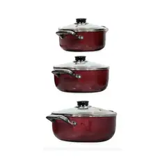GENERICO - Bateria de 3 Ollas Cacerolas Color Vino con Tapa de Vidrio - Ideal para Guisos