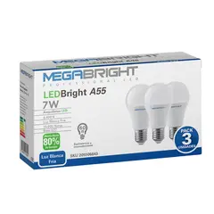 MEGABRIGHT - Ampolleta LED A55 CLASICA 7W6400K E-27 PACK X 3