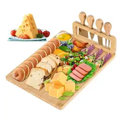 EVERSO - Tabla Para Picar Queso De Madera Bambú + 4 Utensilios Lisa Marrón Claro