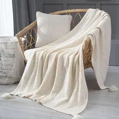CHINA - Manta Nordica Con Borlas Tejida Frazada Decorativa 127x172cm - Blanco - 2 Plazas