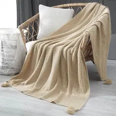 CHINA - Manta Nordica Con Borlas Tejida Frazada Decorativa 127x172cm - Beige - 2 Plazas