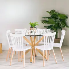 PANDALINO - Comedor Mesa Redonda Equiz 120cm + 6 Sillas Windsor Blancas