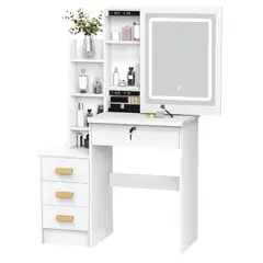 WUWAWDOGA - Tocador Maquillaje Led Con Espejo Y 4 Cajones 132x82cm Blanco